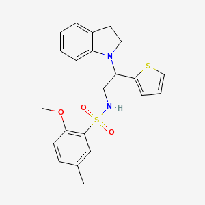 molecular formula C22H24N2O3S2 B2565630 N-(2-(indolin-1-yl)-2-(thiophen-2-yl)ethyl)-2-methoxy-5-methylbenzenesulfonamide CAS No. 898407-51-7
