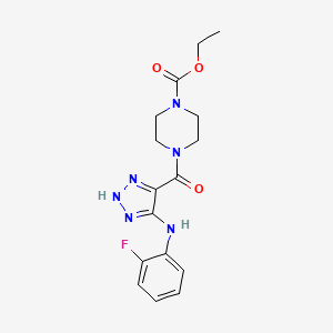 molecular formula C16H19FN6O3 B2565691 ethyl 4-({5-[(2-fluorophenyl)amino]-1H-1,2,3-triazol-4-yl}carbonyl)piperazine-1-carboxylate CAS No. 1291837-86-9
