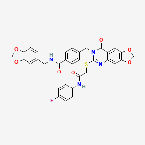 molecular formula C33H25FN4O7S B2565797 N-[(2H-1,3-benzodioxol-5-yl)methyl]-4-{[6-({[(4-fluorophenyl)carbamoyl]methyl}sulfanyl)-8-oxo-2H,7H,8H-[1,3]dioxolo[4,5-g]quinazolin-7-yl]methyl}benzamide CAS No. 688062-11-5