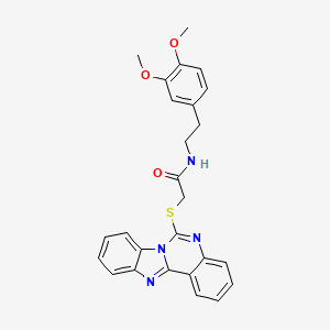 molecular formula C26H24N4O3S B2565912 N-[2-(3,4-dimethoxyphenyl)ethyl]-2-{8,10,17-triazatetracyclo[8.7.0.0^{2,7}.0^{11,16}]heptadeca-1(17),2,4,6,8,11(16),12,14-octaen-9-ylsulfanyl}acetamide CAS No. 896707-18-9
