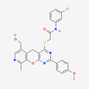 molecular formula C27H23ClN4O4S B2566026 N-(3-chlorophenyl)-2-[[11-(hydroxymethyl)-5-(4-methoxyphenyl)-14-methyl-2-oxa-4,6,13-triazatricyclo[8.4.0.03,8]tetradeca-1(10),3(8),4,6,11,13-hexaen-7-yl]sulfanyl]acetamide CAS No. 867040-67-3