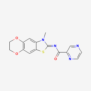 molecular formula C15H12N4O3S B2566030 N-(3-methyl-6,7-dihydro-[1,4]dioxino[2,3-f][1,3]benzothiazol-2-ylidene)pyrazine-2-carboxamide CAS No. 1173634-39-3