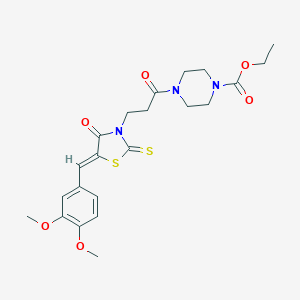 molecular formula C22H27N3O6S2 B256606 ETHYL 4-{3-[(5Z)-5-[(3,4-DIMETHOXYPHENYL)METHYLIDENE]-4-OXO-2-SULFANYLIDENE-1,3-THIAZOLIDIN-3-YL]PROPANOYL}PIPERAZINE-1-CARBOXYLATE 