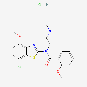 molecular formula C20H23Cl2N3O3S B2566141 N-(7-CHLORO-4-METHOXY-1,3-BENZOTHIAZOL-2-YL)-N-[2-(DIMETHYLAMINO)ETHYL]-2-METHOXYBENZAMIDE HYDROCHLORIDE CAS No. 1216851-66-9