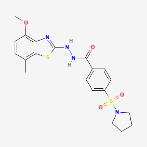 molecular formula C20H22N4O4S2 B2566216 N'-(4-methoxy-7-methylbenzo[d]thiazol-2-yl)-4-(pyrrolidin-1-ylsulfonyl)benzohydrazide CAS No. 851987-78-5
