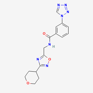molecular formula C16H17N7O3 B2566382 N-{[3-(oxan-4-yl)-1,2,4-oxadiazol-5-yl]methyl}-3-(1H-1,2,3,4-tetrazol-1-yl)benzamide CAS No. 2034534-55-7