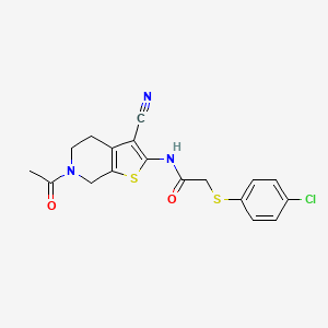 molecular formula C18H16ClN3O2S2 B2566447 N-{6-acetyl-3-cyano-4H,5H,6H,7H-thieno[2,3-c]pyridin-2-yl}-2-[(4-chlorophenyl)sulfanyl]acetamide CAS No. 895471-79-1