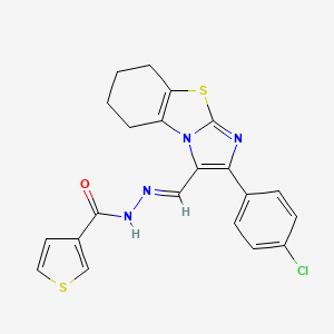 molecular formula C21H17ClN4OS2 B2566557 N'-[(1E)-[4-(4-chlorophenyl)-7-thia-2,5-diazatricyclo[6.4.0.0^{2,6}]dodeca-1(8),3,5-trien-3-yl]methylidene]thiophene-3-carbohydrazide CAS No. 866009-40-7