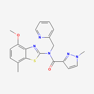 molecular formula C20H19N5O2S B2566631 N-(4-methoxy-7-methyl-1,3-benzothiazol-2-yl)-1-methyl-N-[(pyridin-2-yl)methyl]-1H-pyrazole-3-carboxamide CAS No. 1211633-80-5