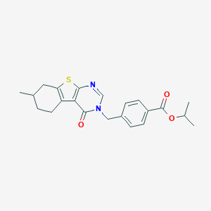 molecular formula C22H24N2O3S B256672 isopropyl 4-((7-methyl-4-oxo-5,6,7,8-tetrahydrobenzo[4,5]thieno[2,3-d]pyrimidin-3(4H)-yl)methyl)benzoate 