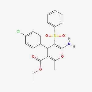 molecular formula C21H20ClNO5S B2566753 Ethyl 6-amino-5-(benzenesulfonyl)-4-(4-chlorophenyl)-2-methyl-4H-pyran-3-carboxylate CAS No. 866145-08-6