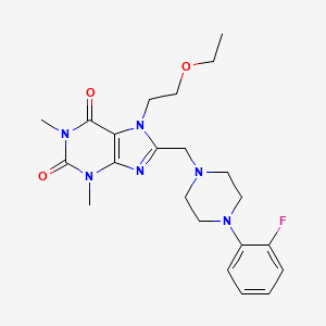 molecular formula C22H29FN6O3 B2567033 7-(2-ethoxyethyl)-8-{[4-(2-fluorophenyl)piperazin-1-yl]methyl}-1,3-dimethyl-3,7-dihydro-1H-purine-2,6-dione CAS No. 851941-35-0