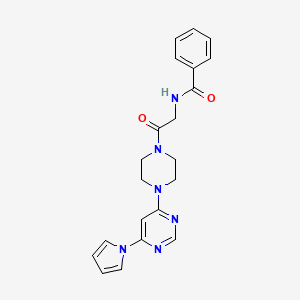 molecular formula C21H22N6O2 B2567149 N-(2-(4-(6-(1H-pyrrol-1-yl)pyrimidin-4-yl)piperazin-1-yl)-2-oxoethyl)benzamide CAS No. 1421493-70-0