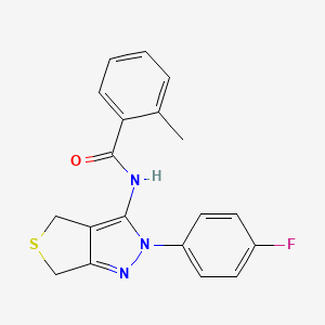 molecular formula C19H16FN3OS B2567250 N-[2-(4-fluorophenyl)-2H,4H,6H-thieno[3,4-c]pyrazol-3-yl]-2-methylbenzamide CAS No. 450342-82-2