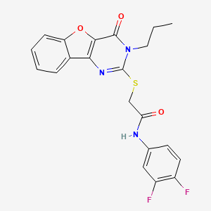 molecular formula C21H17F2N3O3S B2567252 N-(3,4-difluorophenyl)-2-({6-oxo-5-propyl-8-oxa-3,5-diazatricyclo[7.4.0.0^{2,7}]trideca-1(9),2(7),3,10,12-pentaen-4-yl}sulfanyl)acetamide CAS No. 900003-88-5