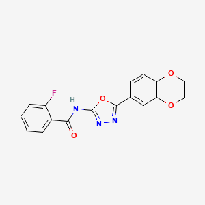 molecular formula C17H12FN3O4 B2567255 N-[5-(2,3-dihydro-1,4-benzodioxin-6-yl)-1,3,4-oxadiazol-2-yl]-2-fluorobenzamide CAS No. 887872-79-9