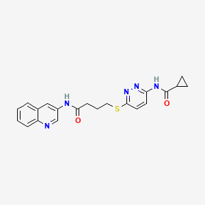 molecular formula C21H21N5O2S B2567274 N-(6-((4-oxo-4-(quinolin-3-ylamino)butyl)thio)pyridazin-3-yl)cyclopropanecarboxamide CAS No. 1040648-72-3