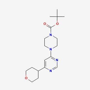 molecular formula C18H28N4O3 B2567303 Tert-butyl 4-[6-(oxan-4-yl)pyrimidin-4-yl]piperazine-1-carboxylate CAS No. 2098017-37-7