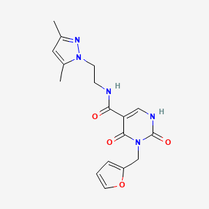 molecular formula C17H19N5O4 B2567402 N-(2-(3,5-dimethyl-1H-pyrazol-1-yl)ethyl)-3-(furan-2-ylmethyl)-2,4-dioxo-1,2,3,4-tetrahydropyrimidine-5-carboxamide CAS No. 1421531-60-3