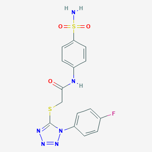 molecular formula C15H13FN6O3S2 B256742 N-[4-(aminosulfonyl)phenyl]-2-{[1-(4-fluorophenyl)-1H-tetraazol-5-yl]sulfanyl}acetamide 