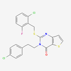 molecular formula C21H15Cl2FN2OS2 B2567562 2-((2-chloro-6-fluorobenzyl)thio)-3-(4-chlorophenethyl)thieno[3,2-d]pyrimidin-4(3H)-one CAS No. 451468-16-9