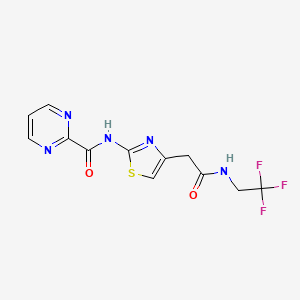 molecular formula C12H10F3N5O2S B2567575 N-(4-(2-oxo-2-((2,2,2-trifluoroethyl)amino)ethyl)thiazol-2-yl)pyrimidine-2-carboxamide CAS No. 1286706-15-7
