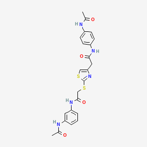 molecular formula C23H23N5O4S2 B2567580 N-(3-acetamidophenyl)-2-((4-(2-((4-acetamidophenyl)amino)-2-oxoethyl)thiazol-2-yl)thio)acetamide CAS No. 953985-39-2