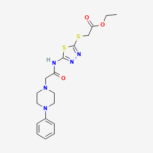 molecular formula C18H23N5O3S2 B2567690 Ethyl 2-[[5-[[2-(4-phenylpiperazin-1-yl)acetyl]amino]-1,3,4-thiadiazol-2-yl]sulfanyl]acetate CAS No. 719286-49-4