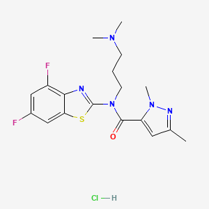 molecular formula C18H22ClF2N5OS B2567841 N-(4,6-difluoro-1,3-benzothiazol-2-yl)-N-[3-(dimethylamino)propyl]-1,3-dimethyl-1H-pyrazole-5-carboxamide hydrochloride CAS No. 1215811-24-7