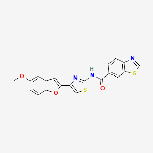 molecular formula C20H13N3O3S2 B2567926 N-[4-(5-methoxy-1-benzofuran-2-yl)-1,3-thiazol-2-yl]-1,3-benzothiazole-6-carboxamide CAS No. 922057-66-7