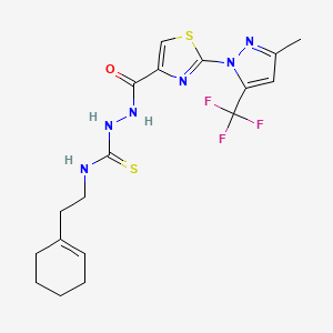 molecular formula C18H21F3N6OS2 B2568006 N-[2-(1-cyclohexenyl)ethyl]-2-({2-[3-methyl-5-(trifluoromethyl)-1H-pyrazol-1-yl]-1,3-thiazol-4-yl}carbonyl)-1-hydrazinecarbothioamide CAS No. 956743-17-2
