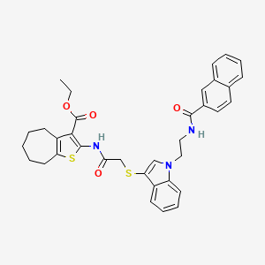 molecular formula C35H35N3O4S2 B2568219 ethyl 2-{2-[(1-{2-[(naphthalen-2-yl)formamido]ethyl}-1H-indol-3-yl)sulfanyl]acetamido}-4H,5H,6H,7H,8H-cyclohepta[b]thiophene-3-carboxylate CAS No. 533865-72-4