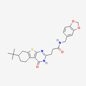 molecular formula C25H29N3O4S B2568408 N-(1,3-BENZODIOXOL-5-YLMETHYL)-3-[7-(2-METHYL-2-PROPANYL)-4-OXO-3,4,5,6,7,8-HEXAHYDRO[1]BENZOTHIENO[2,3-D]PYRIMIDIN-2-YL]PROPANAMIDE CAS No. 950314-56-4