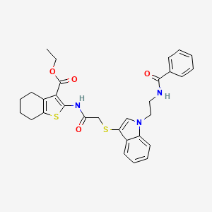 molecular formula C30H31N3O4S2 B2568548 ethyl 2-[2-({1-[2-(phenylformamido)ethyl]-1H-indol-3-yl}sulfanyl)acetamido]-4,5,6,7-tetrahydro-1-benzothiophene-3-carboxylate CAS No. 532969-88-3