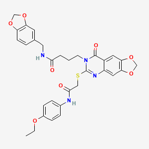 molecular formula C31H30N4O8S B2568560 N-[(2H-1,3-benzodioxol-5-yl)methyl]-4-[6-({[(4-ethoxyphenyl)carbamoyl]methyl}sulfanyl)-8-oxo-2H,7H,8H-[1,3]dioxolo[4,5-g]quinazolin-7-yl]butanamide CAS No. 688060-79-9
