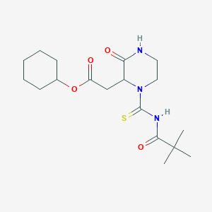 molecular formula C18H29N3O4S B2568582 Cyclohexyl 2-(3-oxo-1-(pivaloylcarbamothioyl)piperazin-2-yl)acetate CAS No. 1043486-77-6