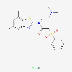 molecular formula C21H26ClN3O3S2 B2568658 2-(BENZENESULFONYL)-N-(5,7-DIMETHYL-1,3-BENZOTHIAZOL-2-YL)-N-[2-(DIMETHYLAMINO)ETHYL]ACETAMIDE HYDROCHLORIDE CAS No. 1215420-38-4