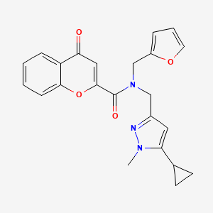molecular formula C23H21N3O4 B2568679 N-((5-cyclopropyl-1-methyl-1H-pyrazol-3-yl)methyl)-N-(furan-2-ylmethyl)-4-oxo-4H-chromene-2-carboxamide CAS No. 1795304-54-9