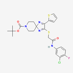 molecular formula C24H26ClFN4O3S2 B2569068 TERT-BUTYL 2-({[(3-CHLORO-4-FLUOROPHENYL)CARBAMOYL]METHYL}SULFANYL)-3-(THIOPHEN-2-YL)-1,4,8-TRIAZASPIRO[4.5]DECA-1,3-DIENE-8-CARBOXYLATE CAS No. 1019186-87-8