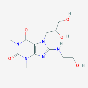 molecular formula C12H19N5O5 B025691 7-(2,3-Dihydroxypropyl)-8-beta-hydroxyethylaminotheophylline CAS No. 111038-27-8