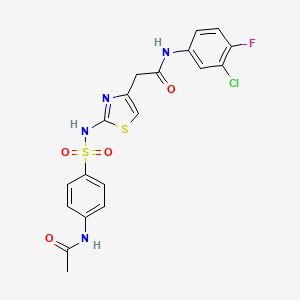 molecular formula C19H16ClFN4O4S2 B2569151 N-(3-chloro-4-fluorophenyl)-2-[2-(4-acetamidobenzenesulfonamido)-1,3-thiazol-4-yl]acetamide CAS No. 922073-65-2