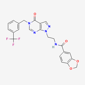 molecular formula C23H18F3N5O4 B2569180 N-(2-(4-oxo-5-(3-(trifluoromethyl)benzyl)-4,5-dihydro-1H-pyrazolo[3,4-d]pyrimidin-1-yl)ethyl)benzo[d][1,3]dioxole-5-carboxamide CAS No. 922045-66-7
