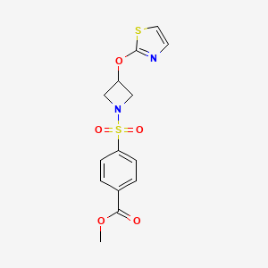molecular formula C14H14N2O5S2 B2569293 Methyl 4-((3-(thiazol-2-yloxy)azetidin-1-yl)sulfonyl)benzoate CAS No. 1798056-73-1