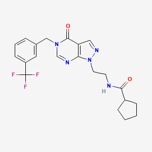 molecular formula C21H22F3N5O2 B2569372 N-(2-(4-oxo-5-(3-(trifluoromethyl)benzyl)-4,5-dihydro-1H-pyrazolo[3,4-d]pyrimidin-1-yl)ethyl)cyclopentanecarboxamide CAS No. 922846-63-7