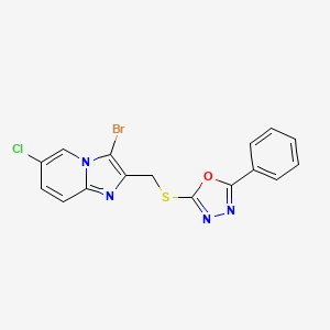 molecular formula C16H10BrClN4OS B2569376 2-[({3-Bromo-6-chloroimidazo[1,2-a]pyridin-2-yl}methyl)sulfanyl]-5-phenyl-1,3,4-oxadiazole CAS No. 728941-39-7