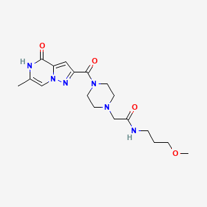 molecular formula C18H26N6O4 B2569609 N-(3-methoxypropyl)-2-(4-(6-methyl-4-oxo-4,5-dihydropyrazolo[1,5-a]pyrazine-2-carbonyl)piperazin-1-yl)acetamide CAS No. 1795086-45-1