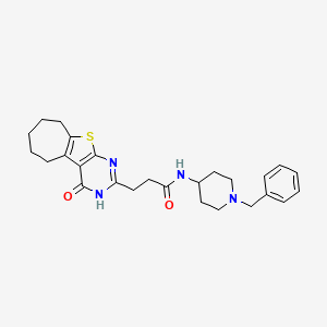 molecular formula C26H32N4O2S B2569694 N-(1-benzylpiperidin-4-yl)-3-(3-oxo-8-thia-4,6-diazatricyclo[7.5.0.02,7]tetradeca-1(9),2(7),5-trien-5-yl)propanamide CAS No. 1031679-47-6