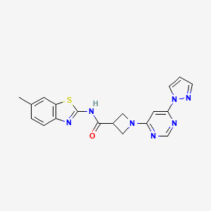 molecular formula C19H17N7OS B2569799 1-(6-(1H-pyrazol-1-yl)pyrimidin-4-yl)-N-(6-methylbenzo[d]thiazol-2-yl)azetidine-3-carboxamide CAS No. 2034281-07-5