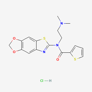 molecular formula C17H18ClN3O3S2 B2569815 N-[2-(dimethylamino)ethyl]-N-([1,3]dioxolo[4,5-f][1,3]benzothiazol-6-yl)thiophene-2-carboxamide;hydrochloride CAS No. 1215731-83-1