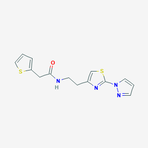 molecular formula C14H14N4OS2 B2569827 N-(2-(2-(1H-pyrazol-1-yl)thiazol-4-yl)ethyl)-2-(thiophen-2-yl)acetamide CAS No. 1428365-64-3